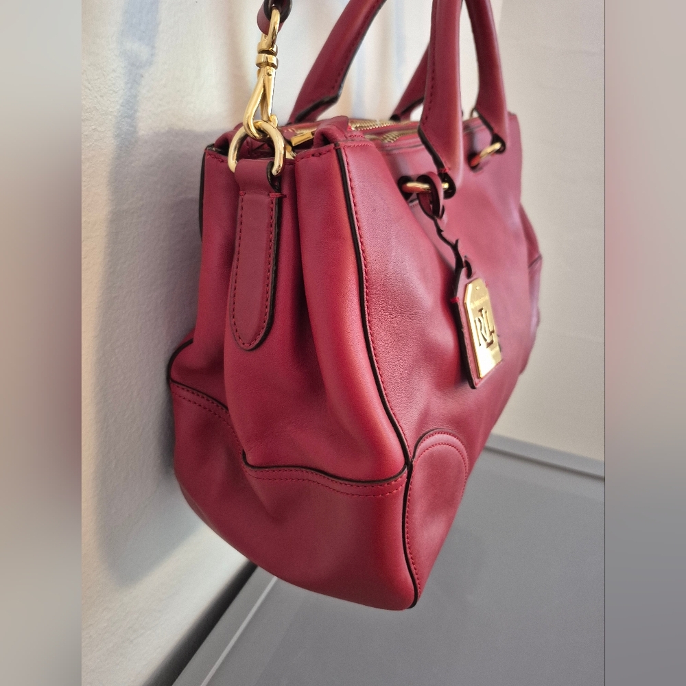 32-CIP RALPH LAUREN RED LEATHER SATCHEL PURSE HANDBAG CROSSBODY STRAP Valentines - Picture 9 of 17